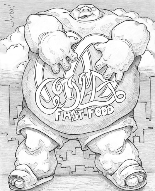 "Fat Food" - Pencil Drawing - Copyright 2019, Jephyr (Jeff Curtis), All Rights Reserved